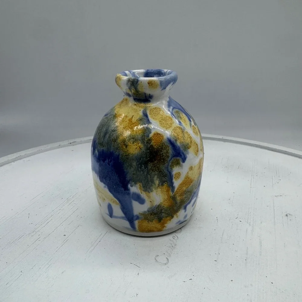 Kravec Studios Naples FL Studio Pottery Bud Vase Blue Yellow Abstract Glaze 3.5